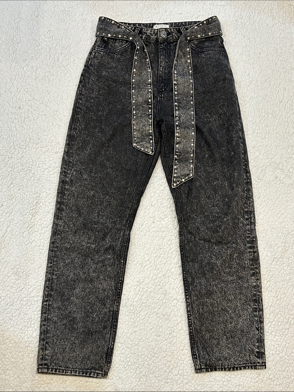 Sandro Fredd Black Acid Wash Jeans size 6 Studded Crystal Belt Straight Leg - Picture 1 of 14